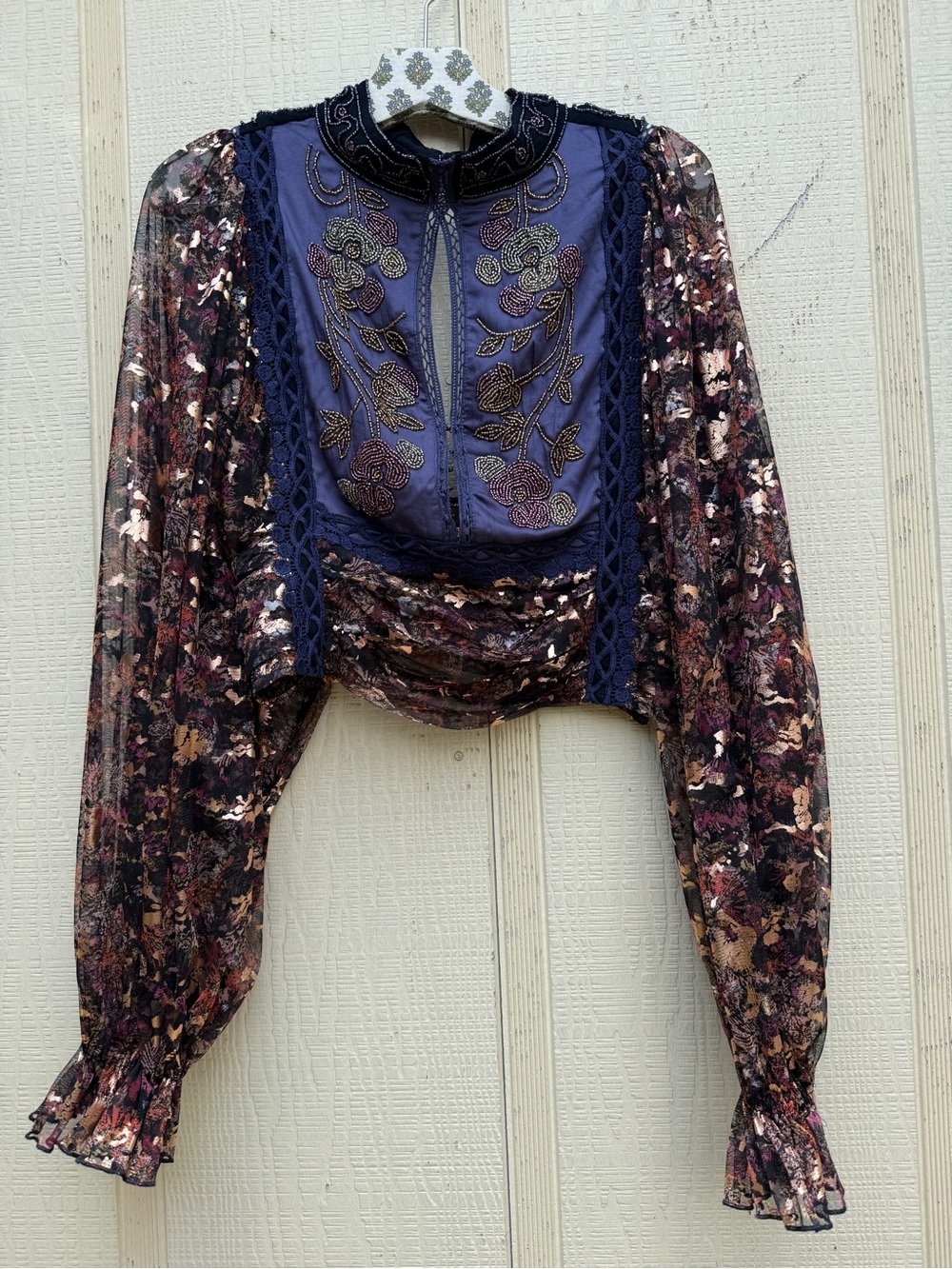 Free People Camille Beaded Crochet Mesh Metallic Cropped Top Boho Maximalist - Picture 2 of 5